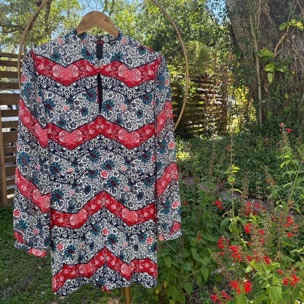 70s-Inspired Chevron Floral Romper w/ Keyhole Neck (Boho Retro) - Size 10
